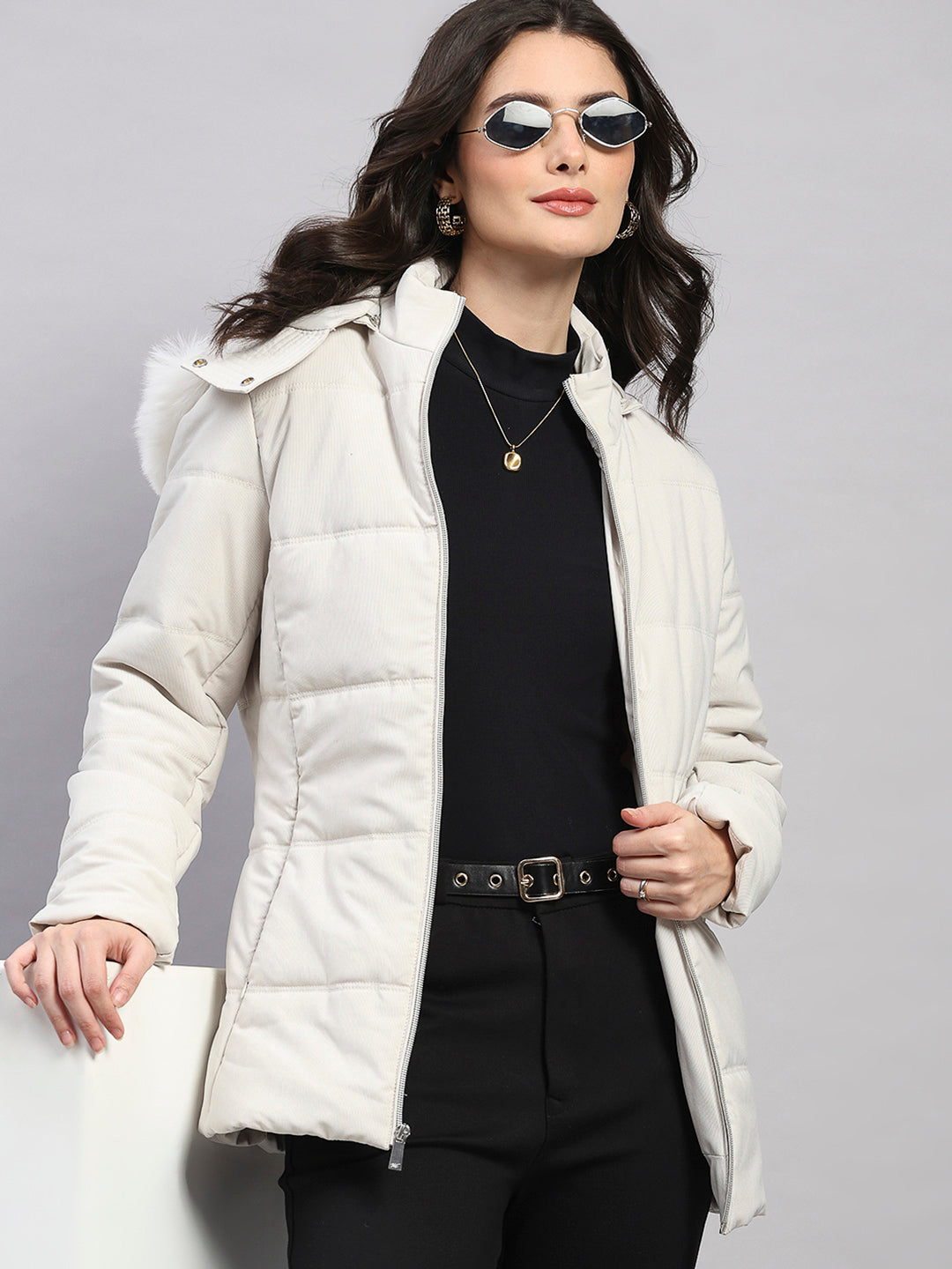 Women Off White Stripe Hooded Full Sleeve Jacket