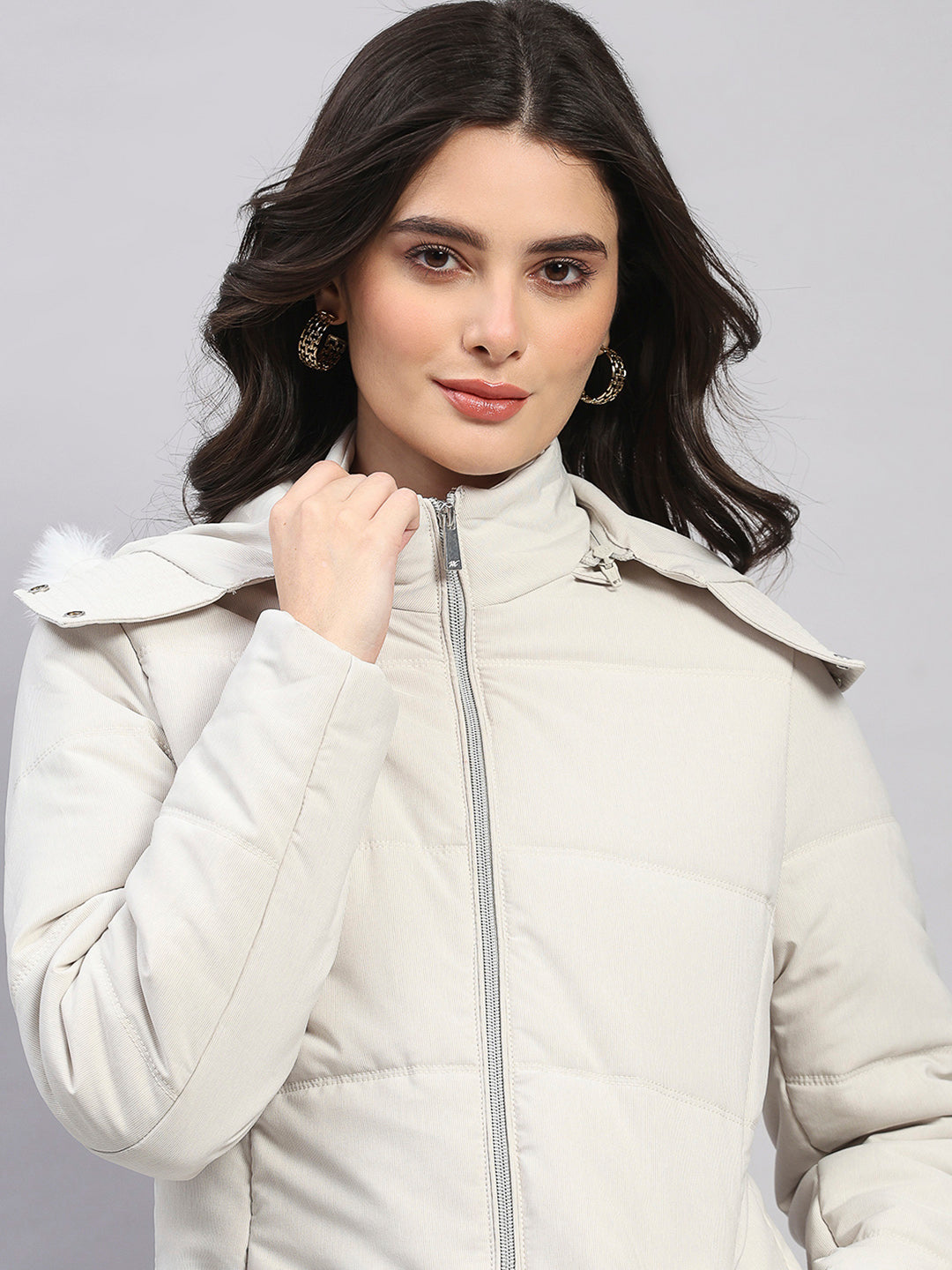 Women Off White Stripe Hooded Full Sleeve Jacket