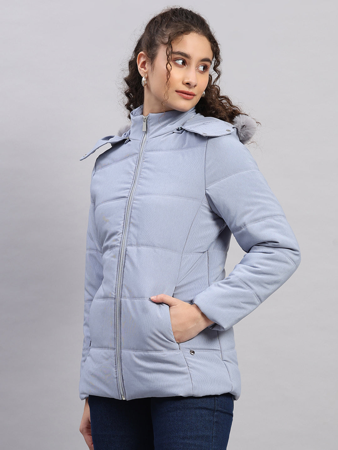 Women Navy Blue Stripe Hooded Full Sleeve Jacket