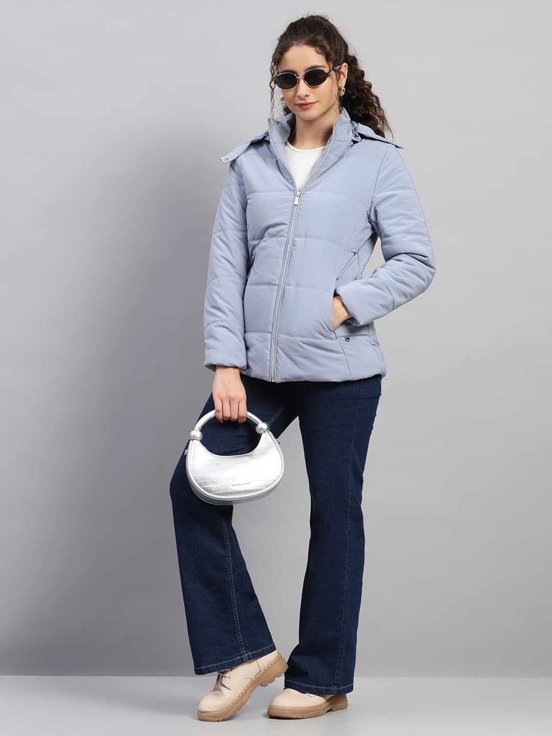 Women Navy Blue Stripe Hooded Full Sleeve Jacket