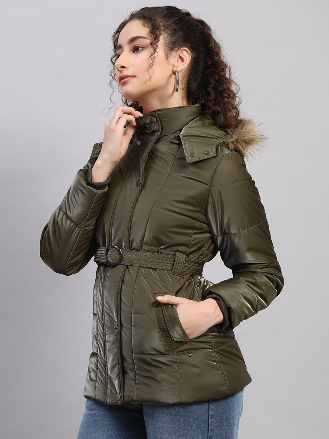 Women Olive Self Design Hooded Full Sleeve Jacket
