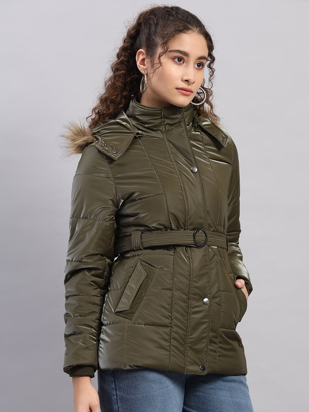 Women Olive Self Design Hooded Full Sleeve Jacket