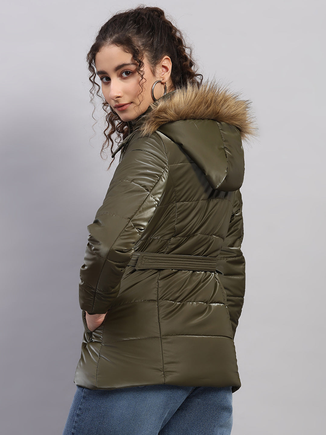 Women Olive Self Design Hooded Full Sleeve Jacket
