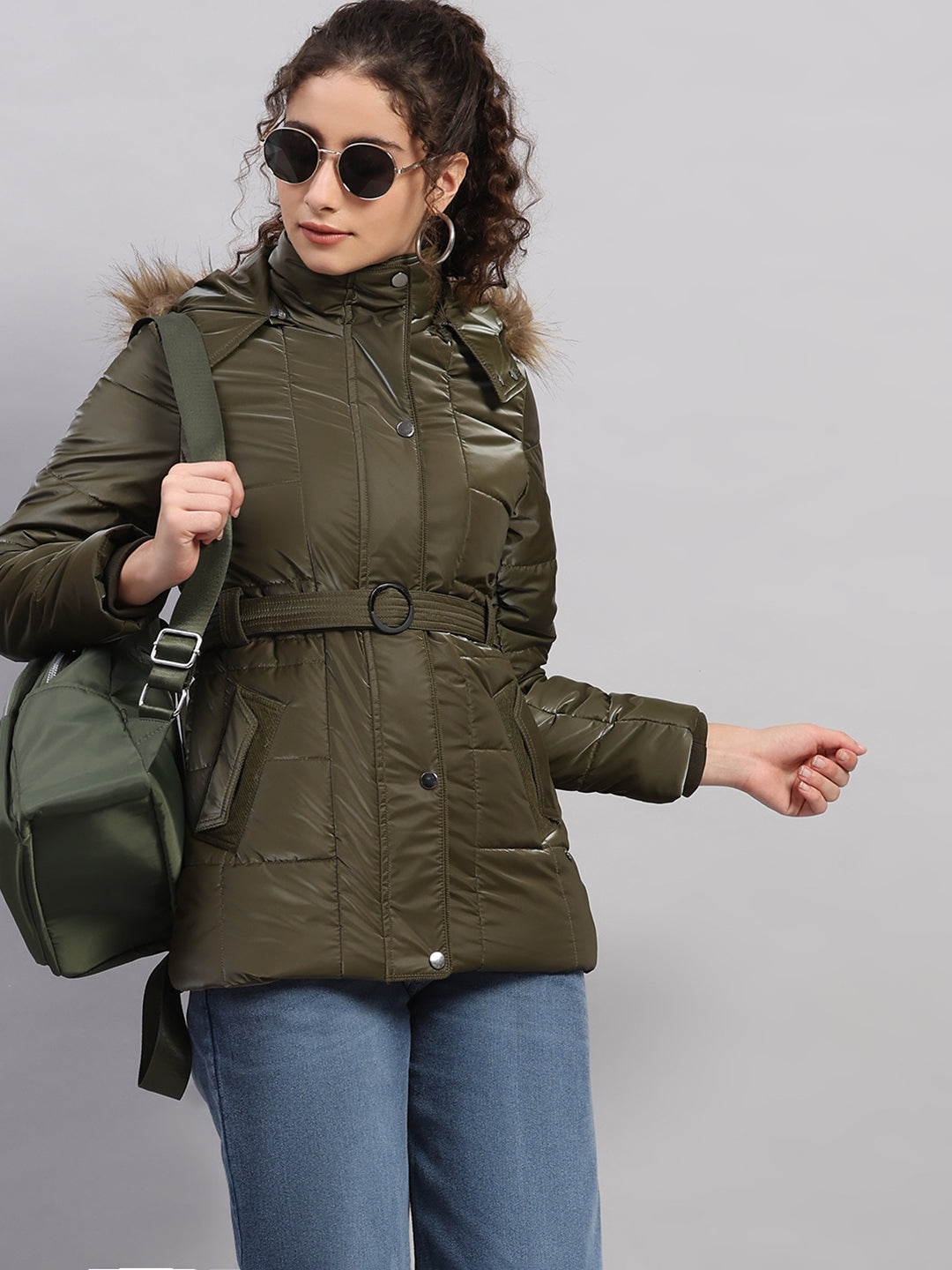 Women Olive Self Design Hooded Full Sleeve Jacket