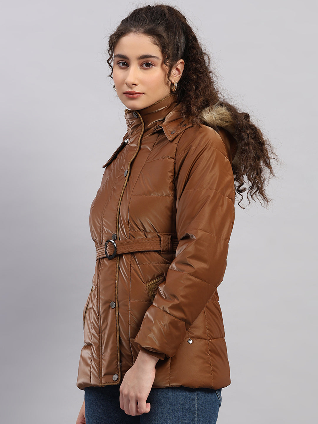 Women Tan Self Design Hooded Full Sleeve Jacket