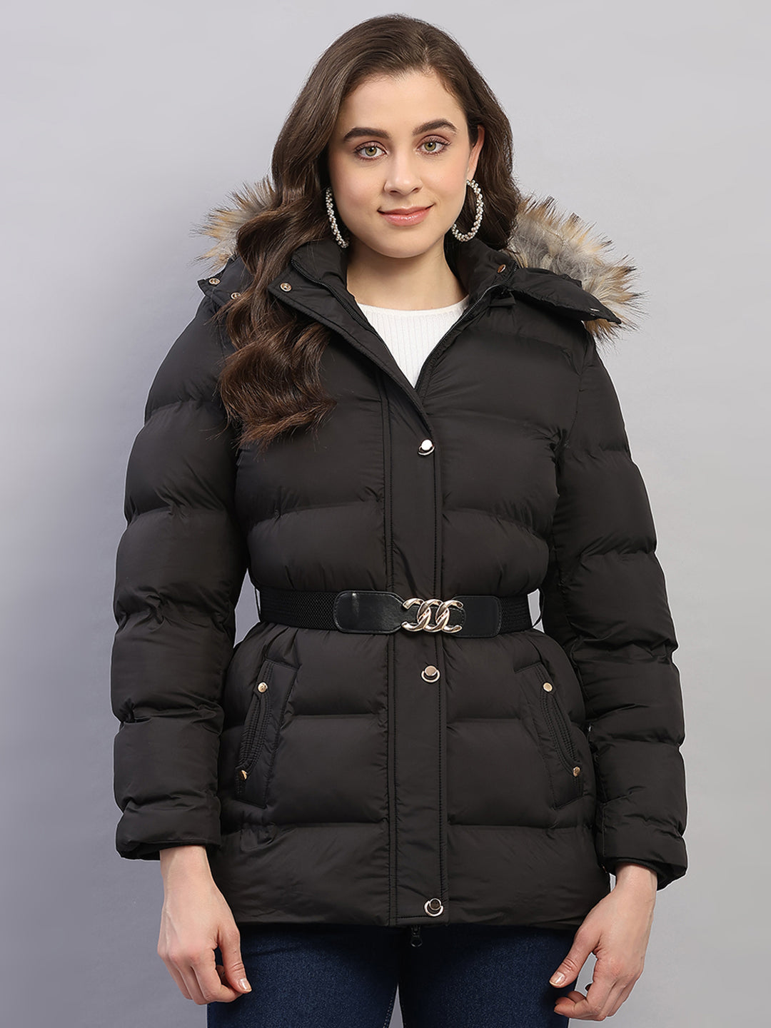 Women Black Solid Hooded Full Sleeve Jacket