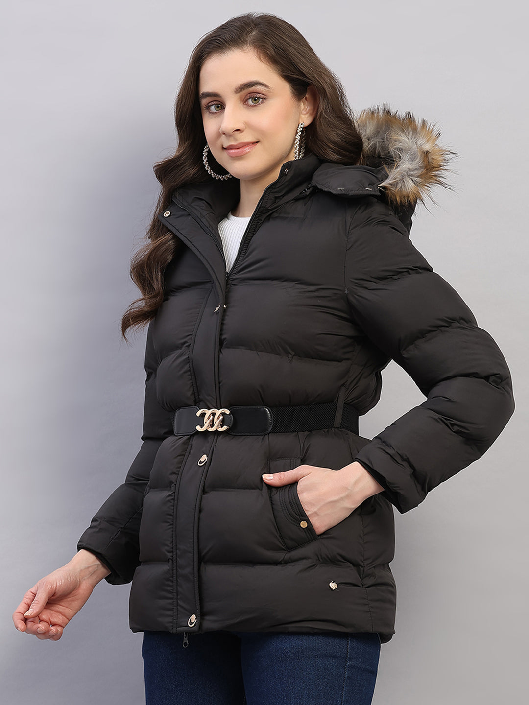 Women Black Solid Hooded Full Sleeve Jacket