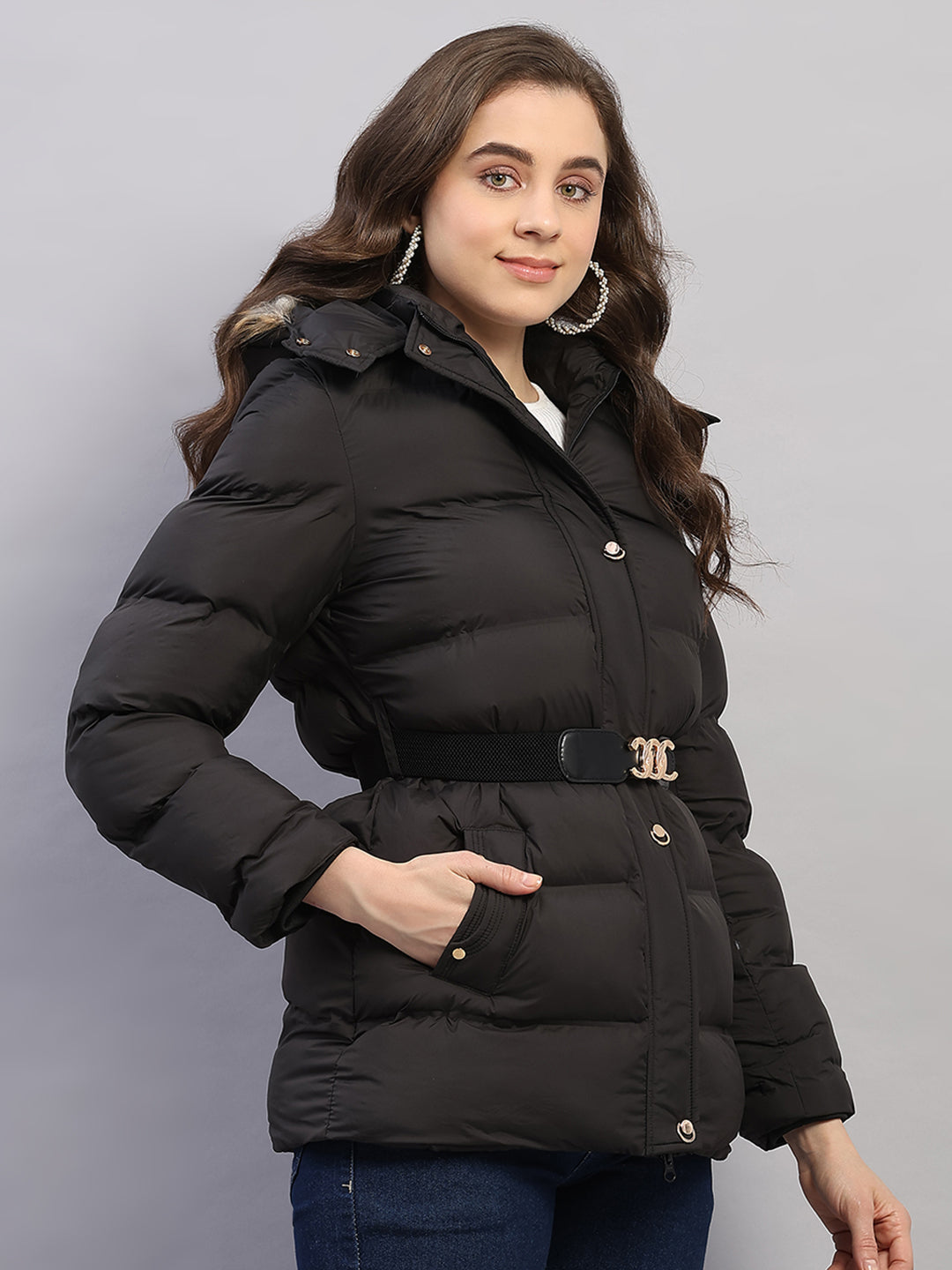 Women Black Solid Hooded Full Sleeve Jacket