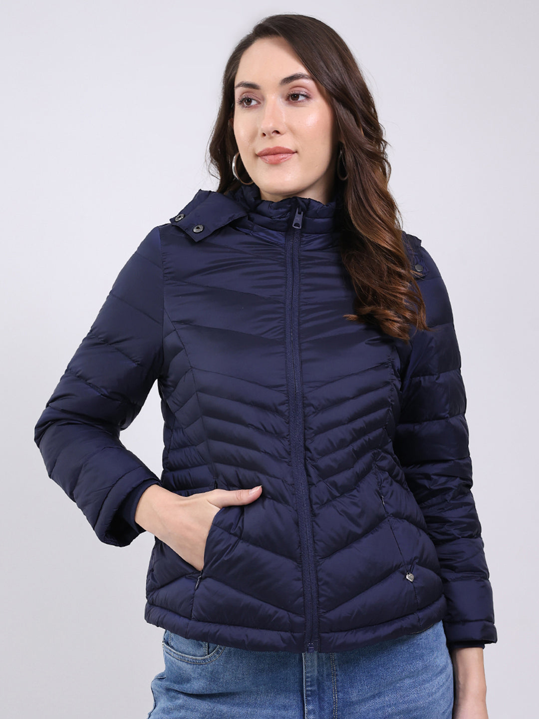 Women Navy Blue Solid Hooded Full Sleeve Jacket
