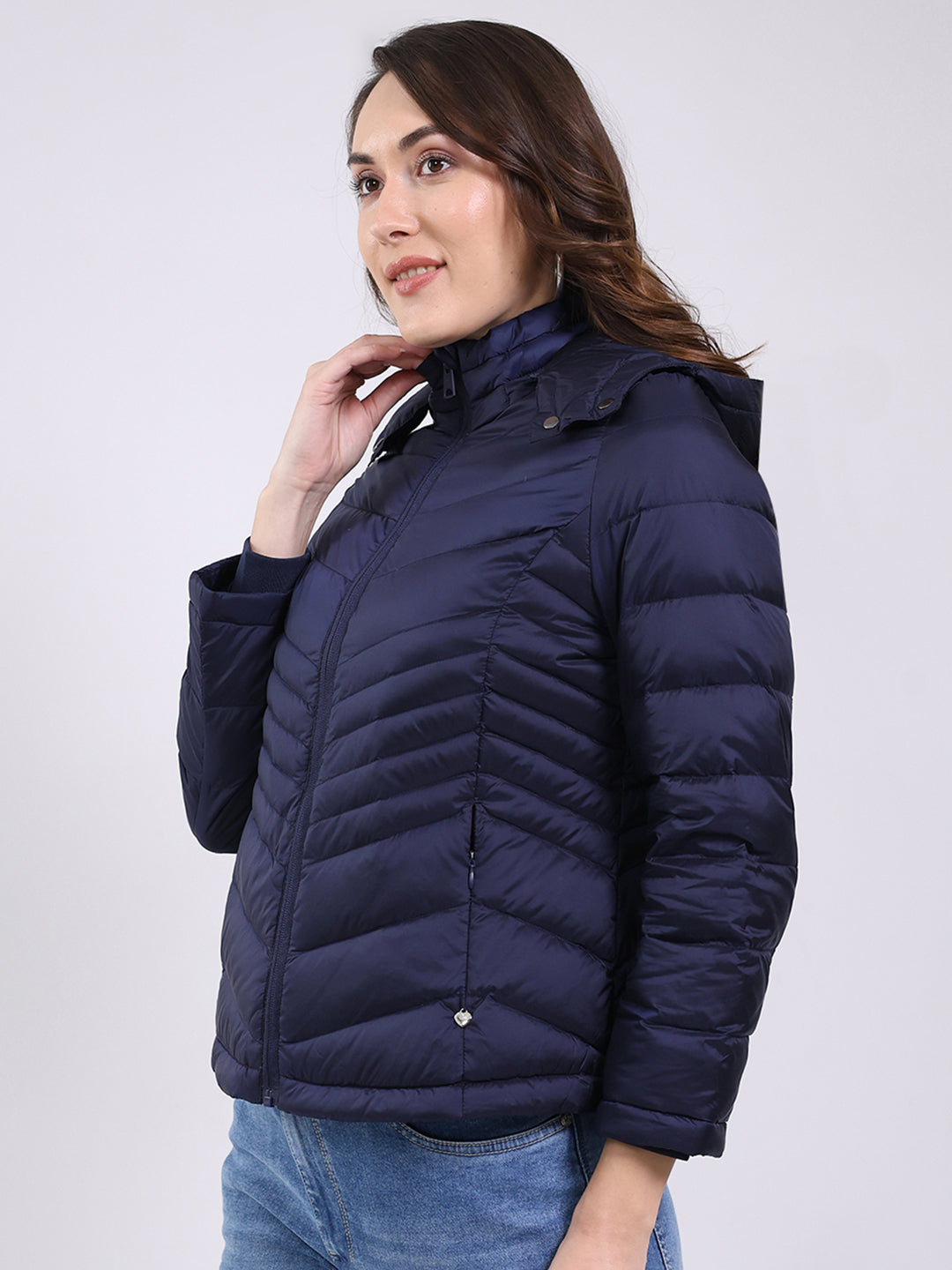 Women Navy Blue Solid Hooded Full Sleeve Jacket