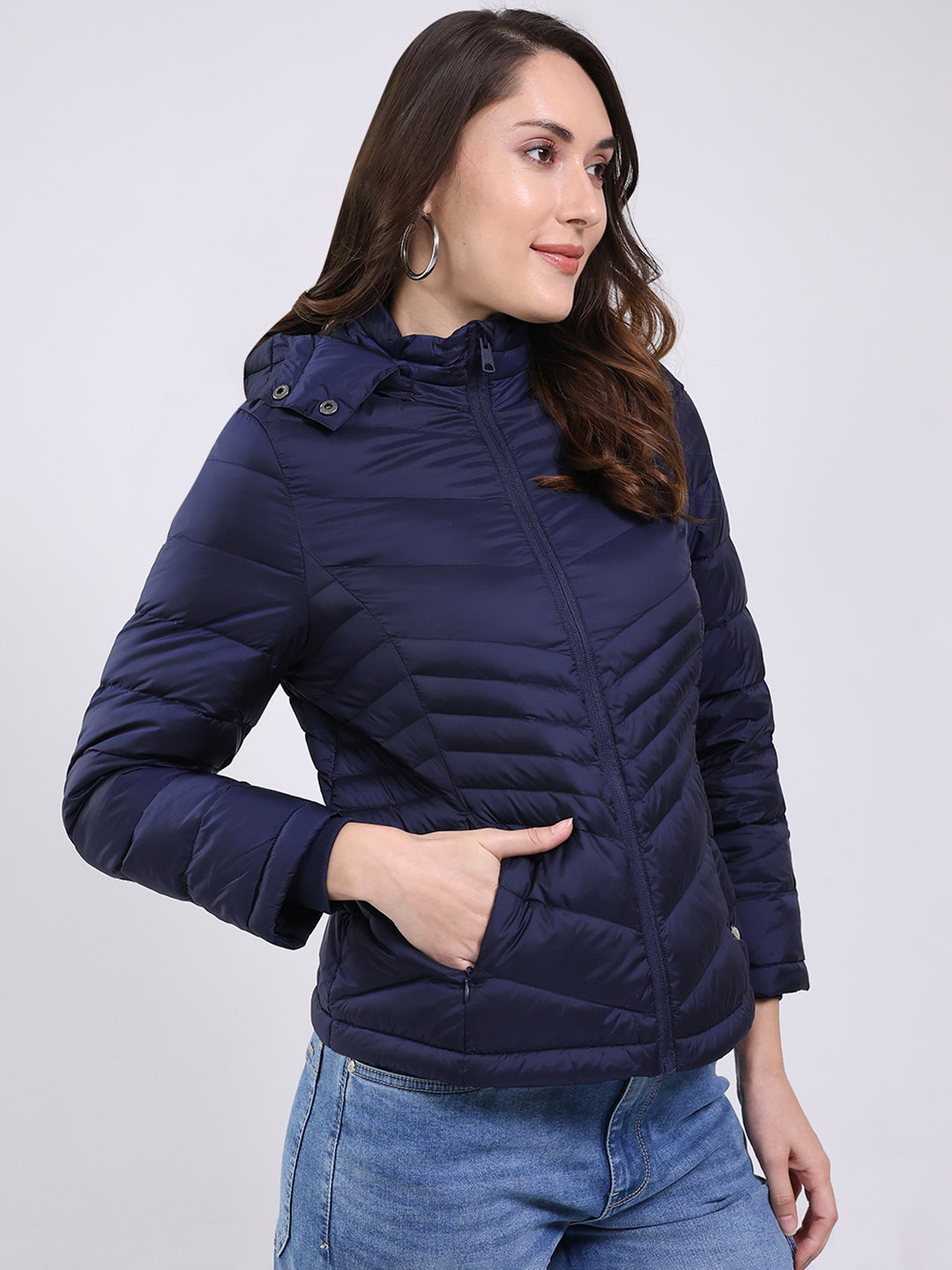 Women Navy Blue Solid Hooded Full Sleeve Jacket