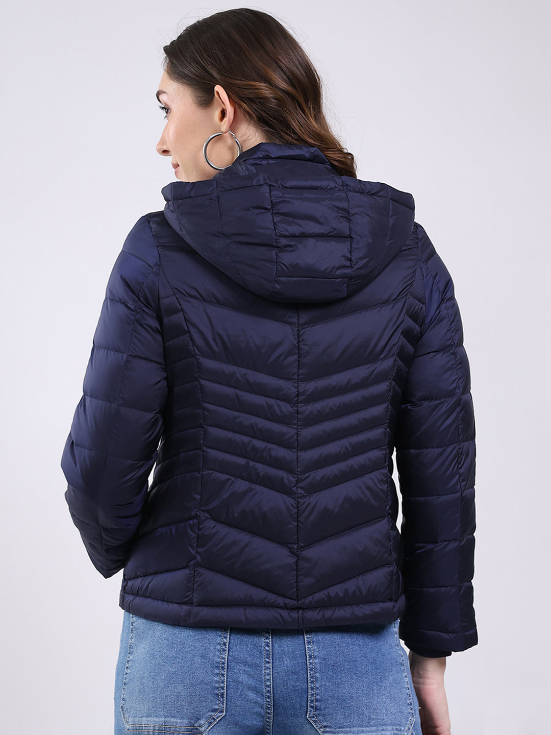 Women Navy Blue Solid Hooded Full Sleeve Jacket