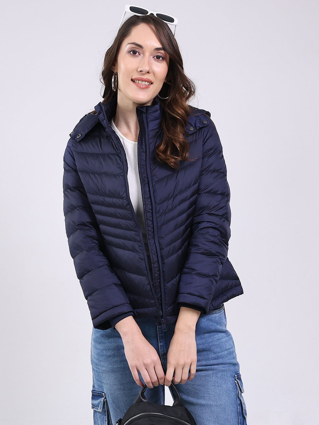 Women Navy Blue Solid Hooded Full Sleeve Jacket