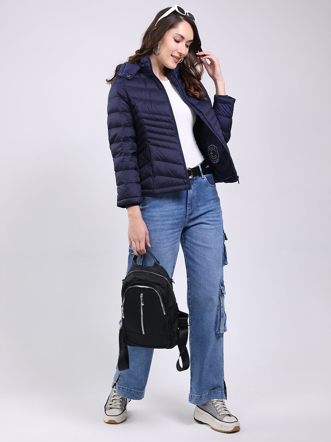 Women Navy Blue Solid Hooded Full Sleeve Jacket