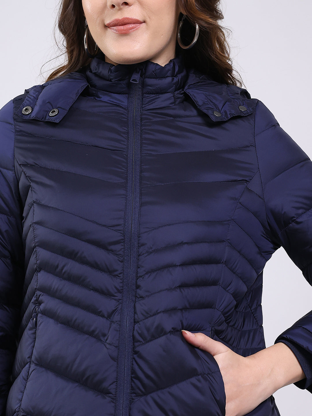 Women Navy Blue Solid Hooded Full Sleeve Jacket
