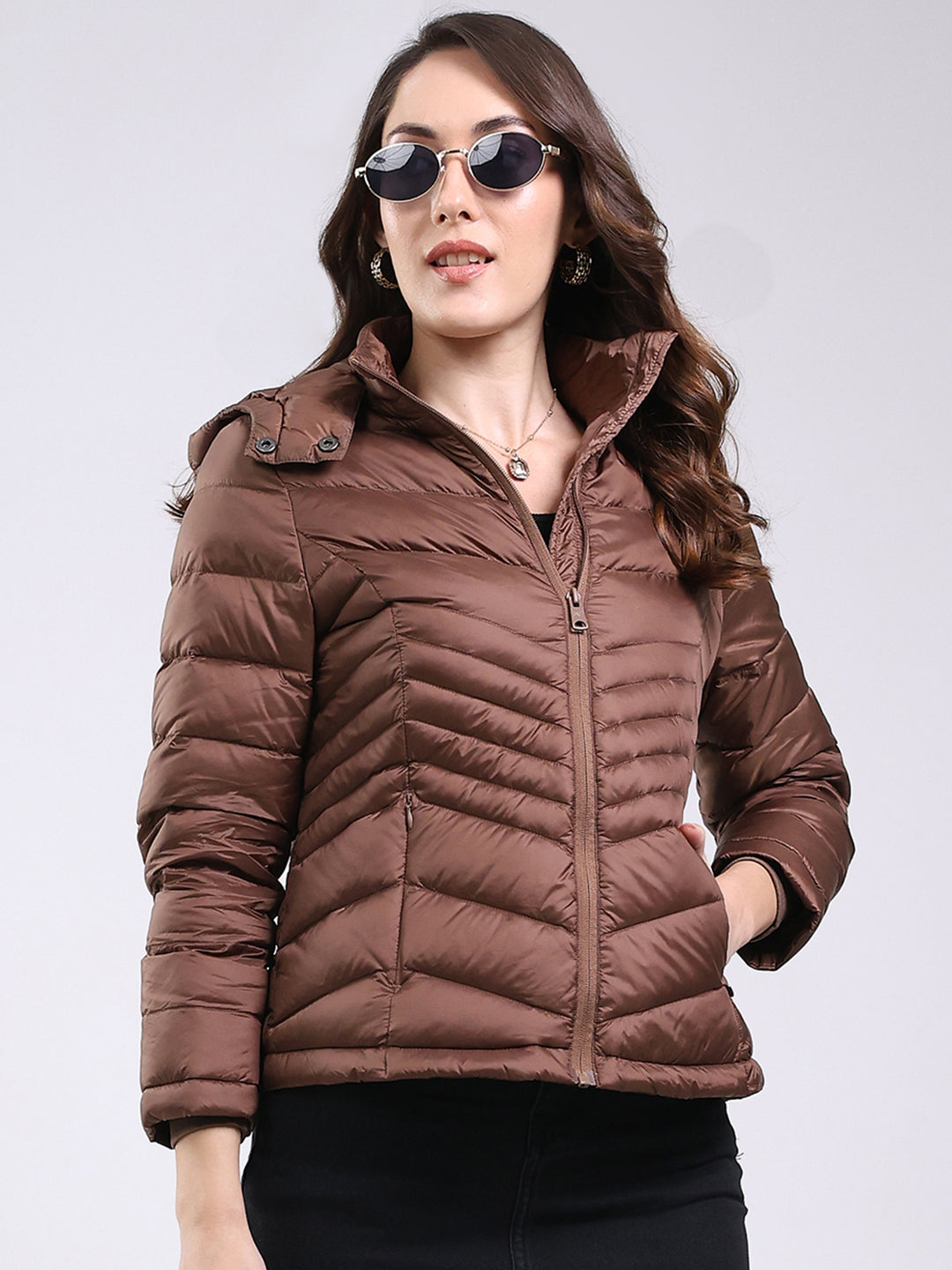 Women Brown Solid Hooded Full Sleeve Jacket