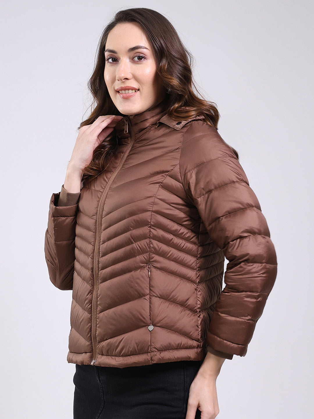Women Brown Solid Hooded Full Sleeve Jacket