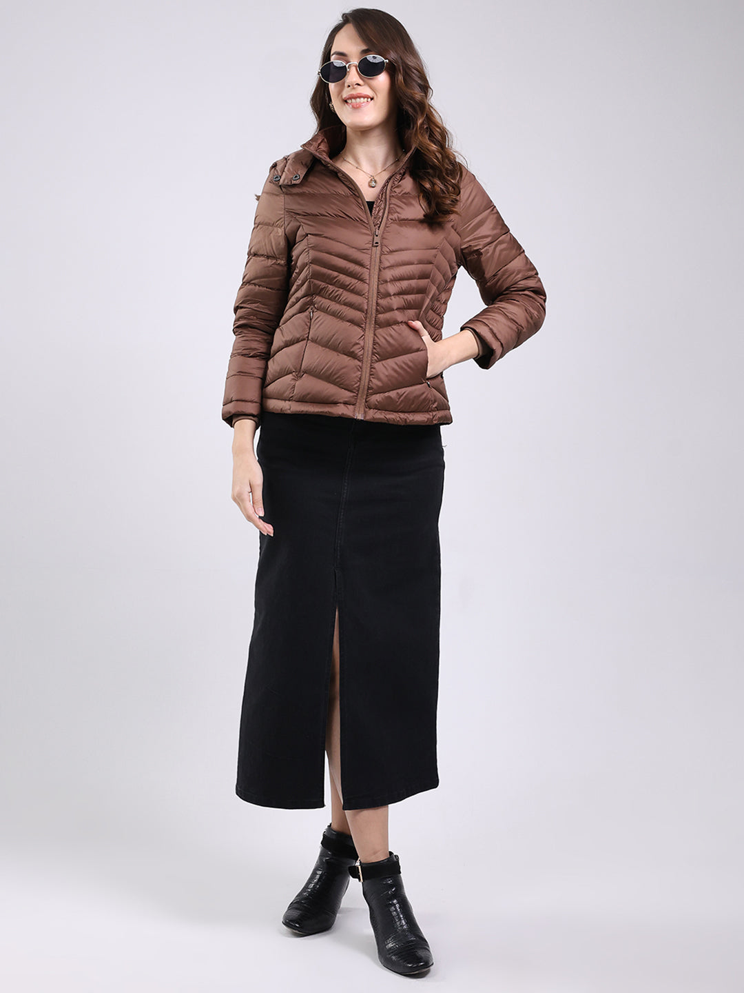 Women Brown Solid Hooded Full Sleeve Jacket