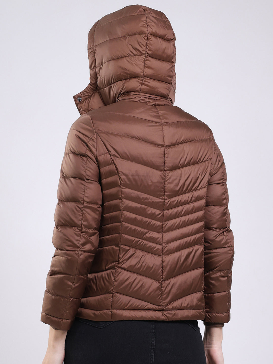 Women Brown Solid Hooded Full Sleeve Jacket