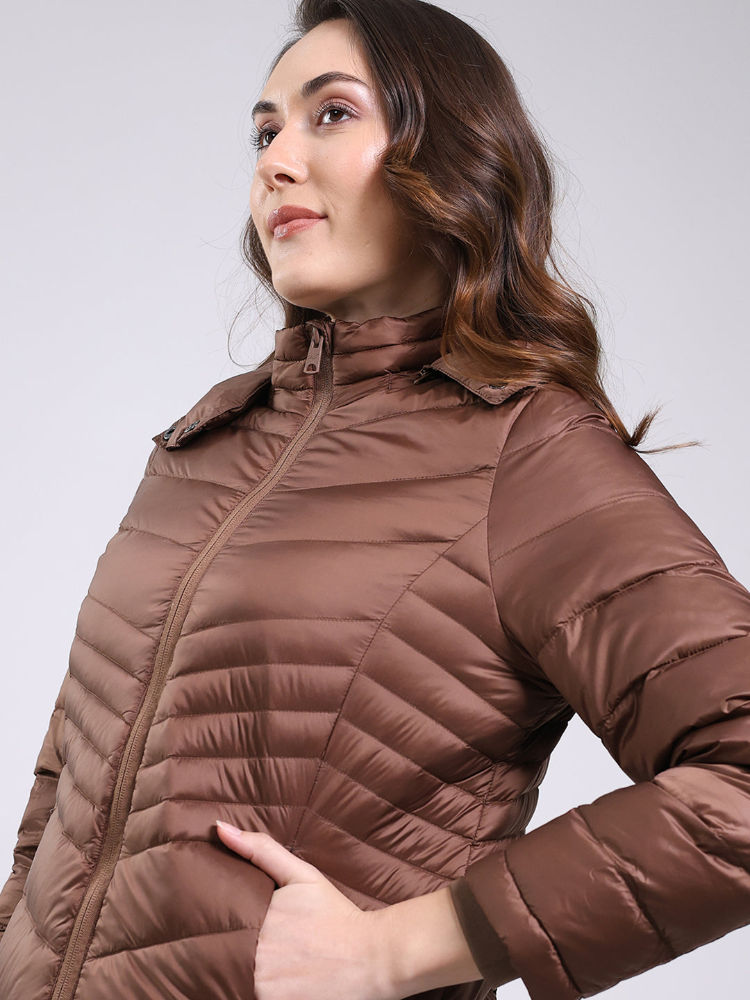 Women Brown Solid Hooded Full Sleeve Jacket