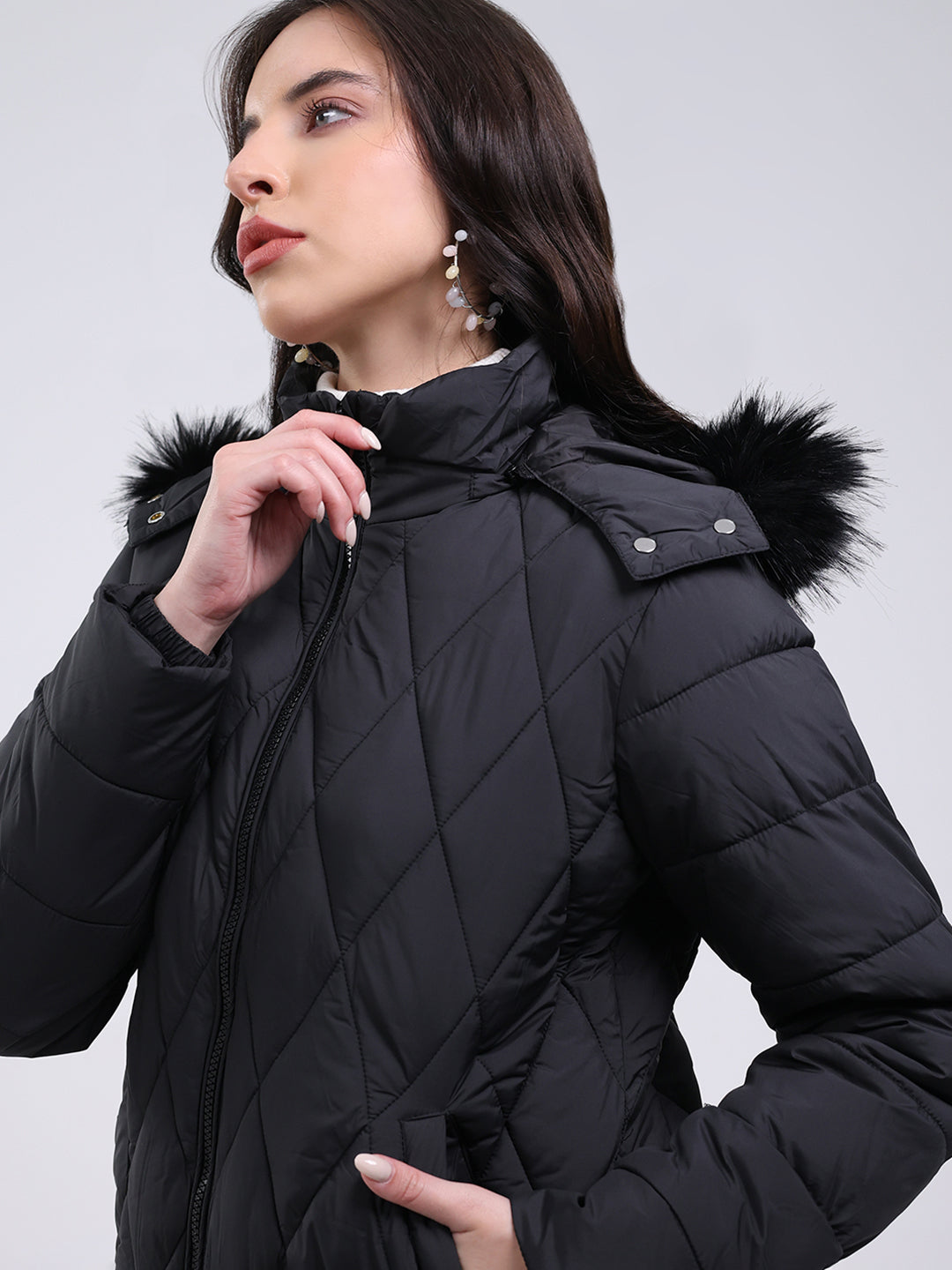 Women Black Solid Hooded USB Intelligent Heating Jacket