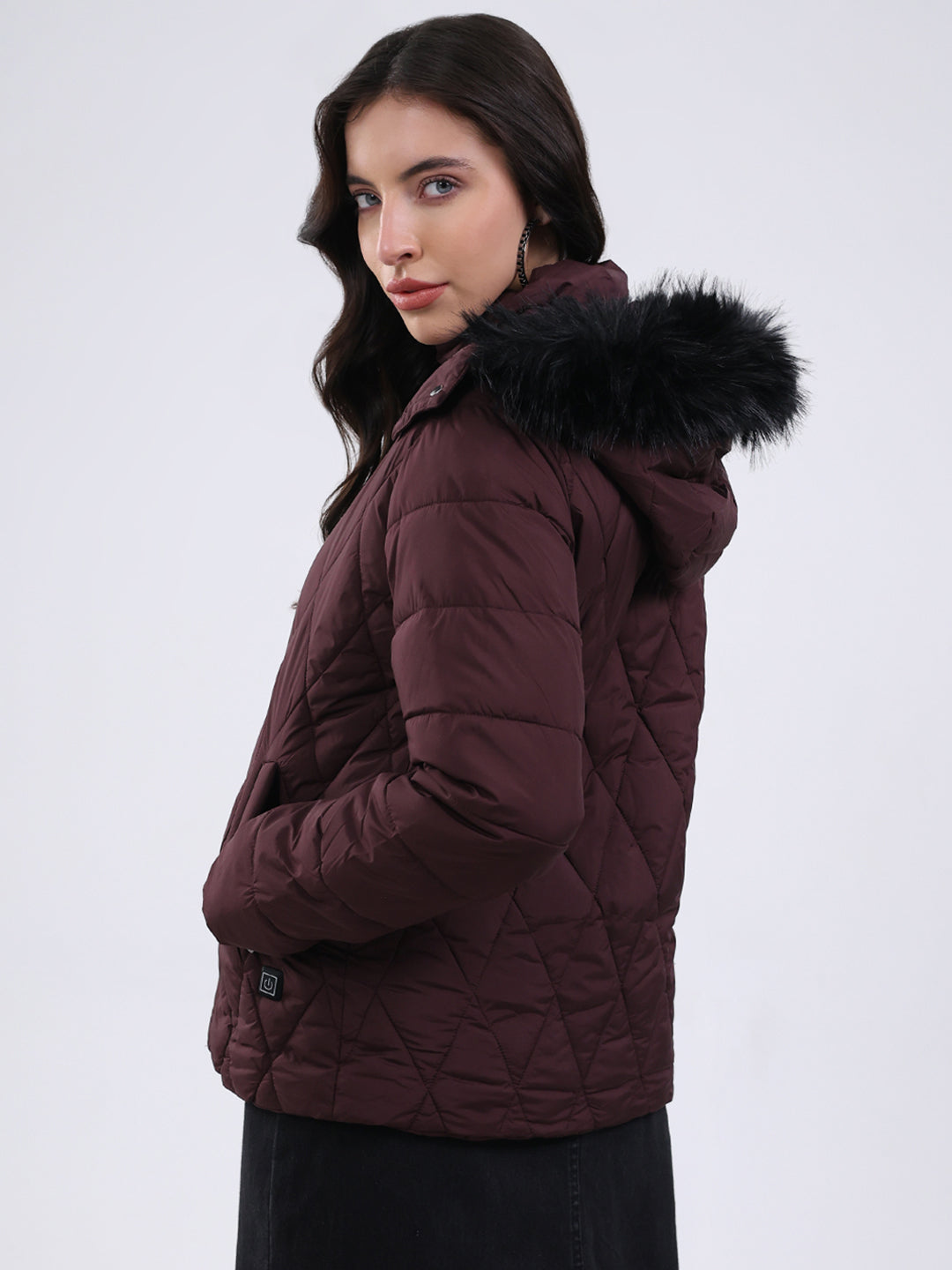 Women Burgundy Solid Hooded USB Intelligent Heating Jacket
