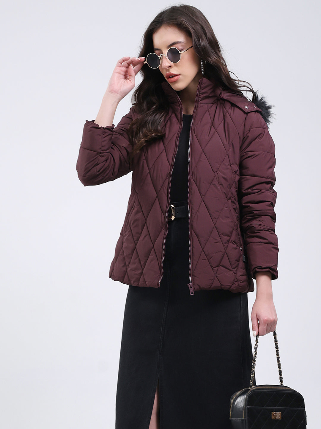 Women Burgundy Solid Hooded USB Intelligent Heating Jacket