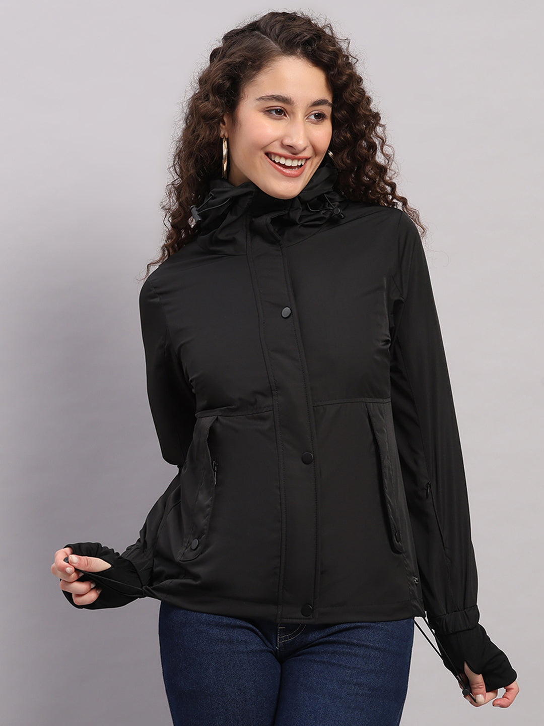 Women Black Solid Hooded Full Sleeve Jacket