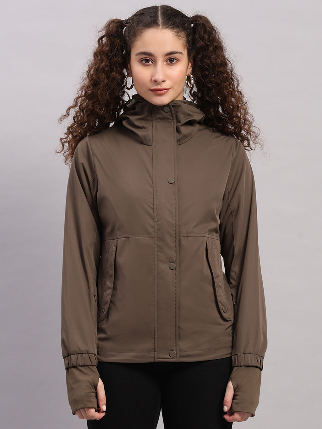 Women Brown Solid Hooded Full Sleeve Jacket