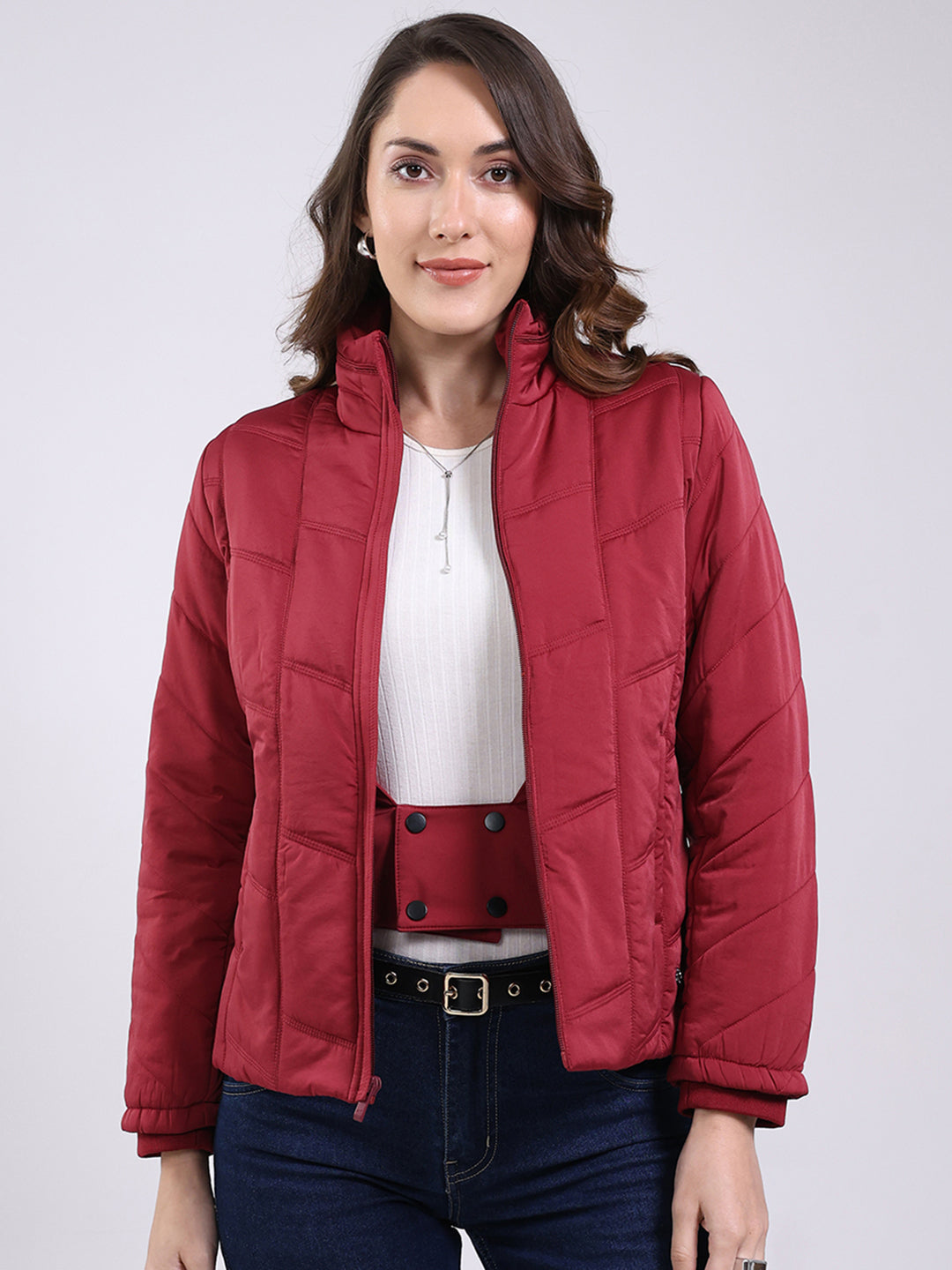 Women Maroon Solid Mock Neck Full Sleeve Jacket