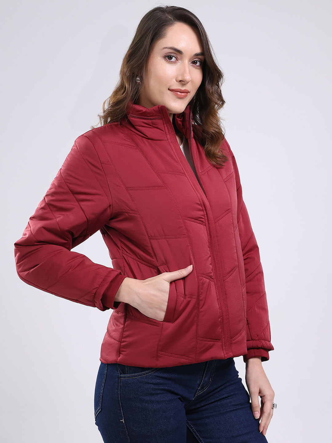 Women Maroon Solid Mock Neck Full Sleeve Jacket