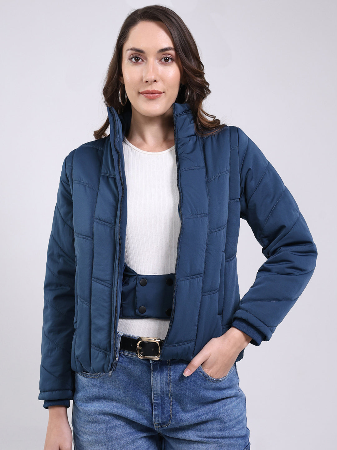 Women Teal Blue Solid Mock Neck Full Sleeve Jacket