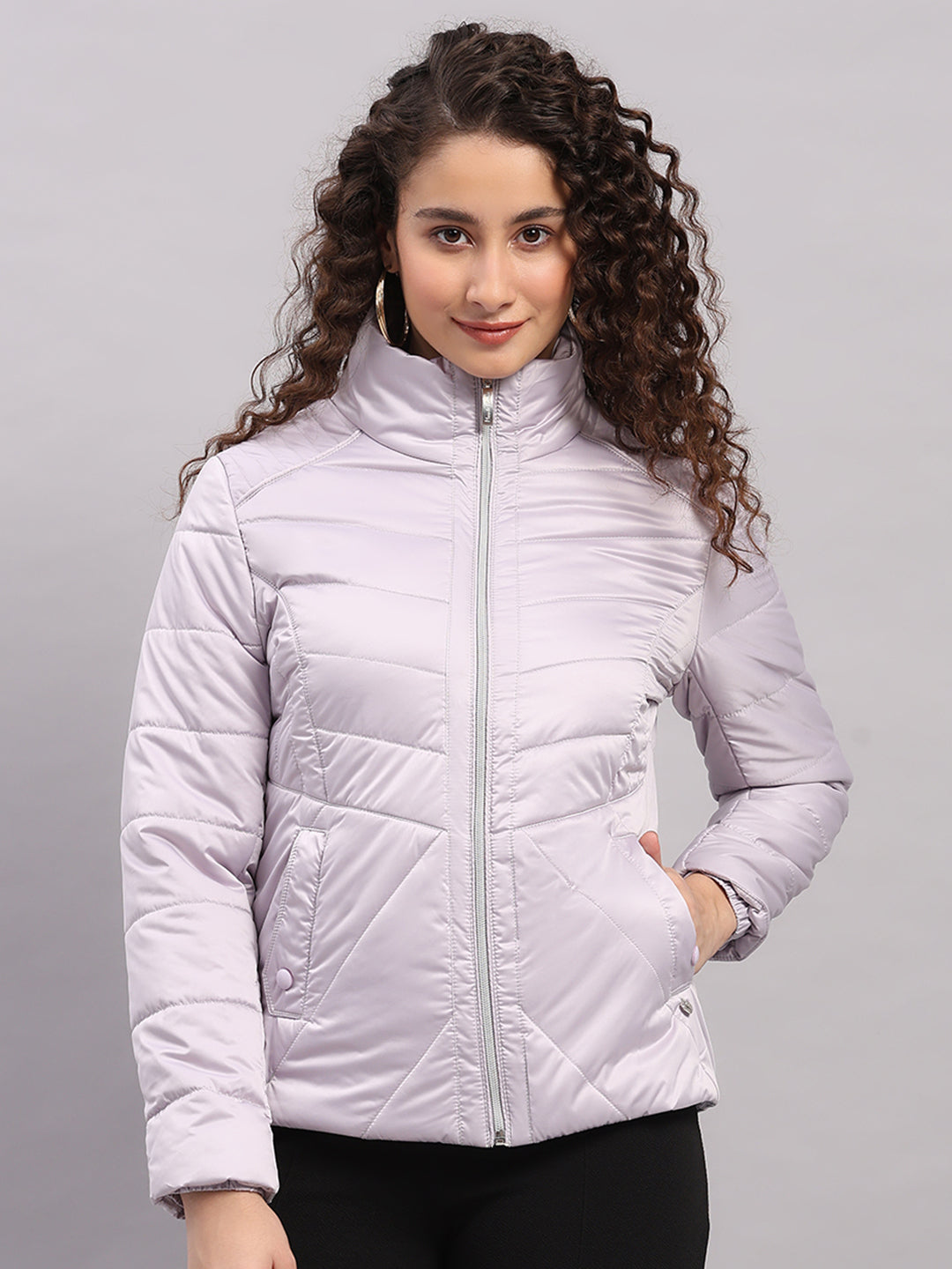 Women Purple Solid Collar Full Sleeve Jacket with Inbuilt Earphones