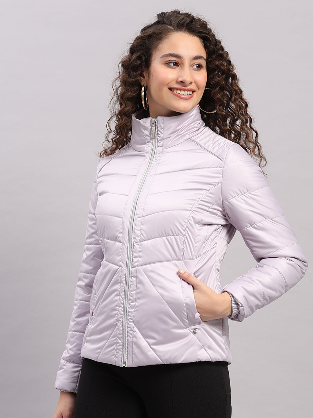 Women Purple Solid Collar Full Sleeve Jacket with Inbuilt Earphones