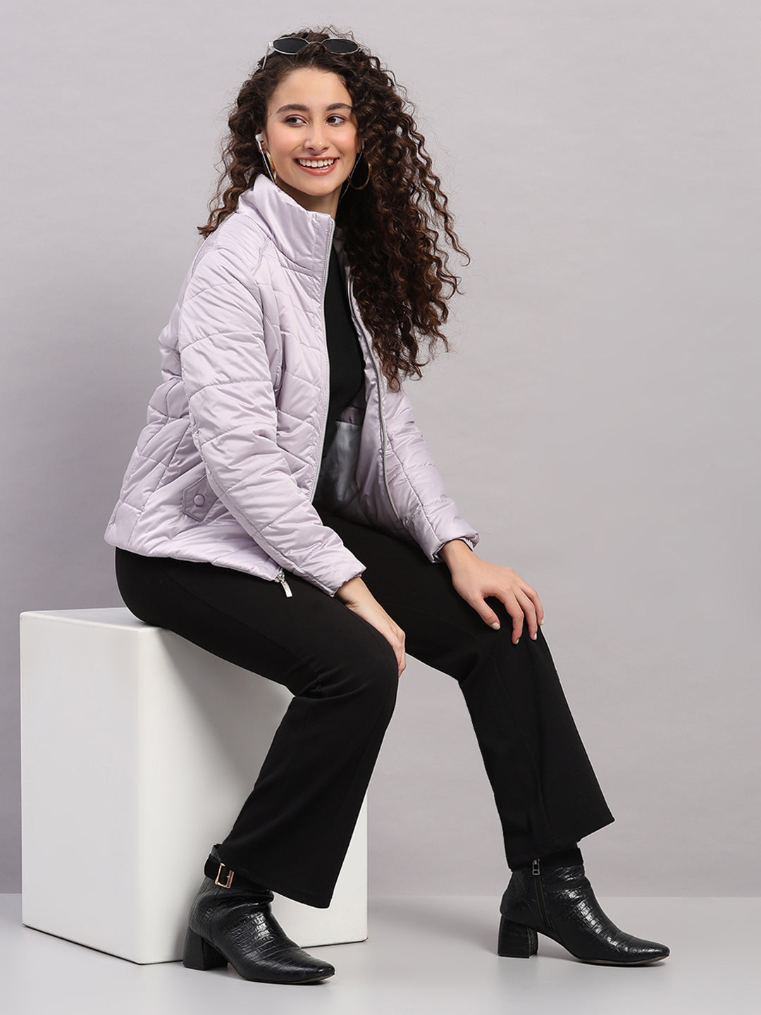 Women Purple Solid Collar Full Sleeve Jacket with Inbuilt Earphones