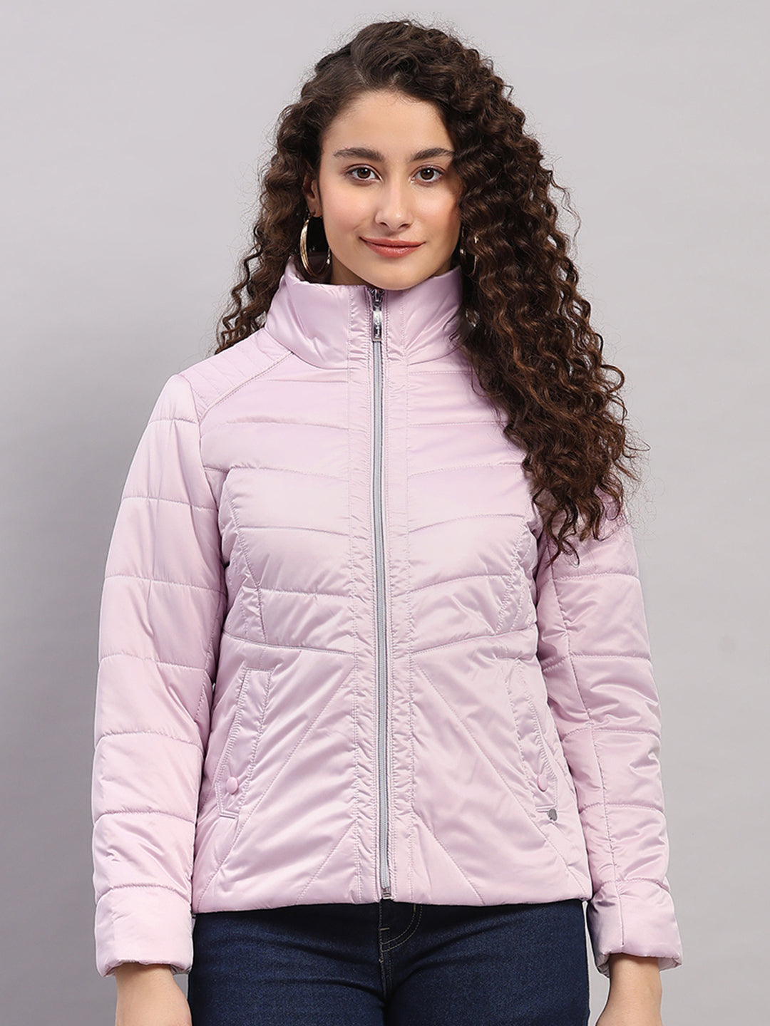 Women Pink Solid Collar Full Sleeve Jacket with Inbuilt Earphones