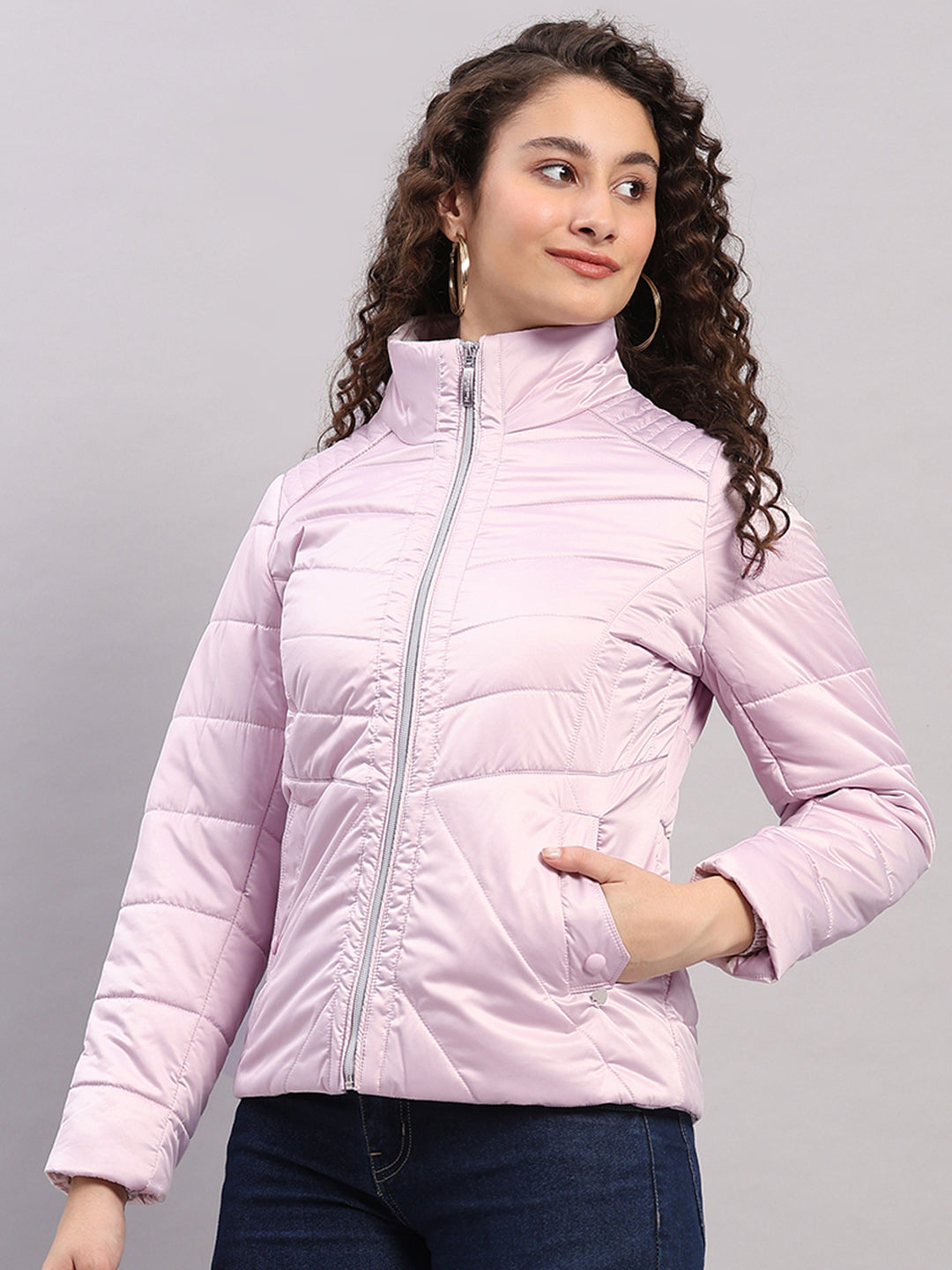 Women Pink Solid Collar Full Sleeve Jacket with Inbuilt Earphones