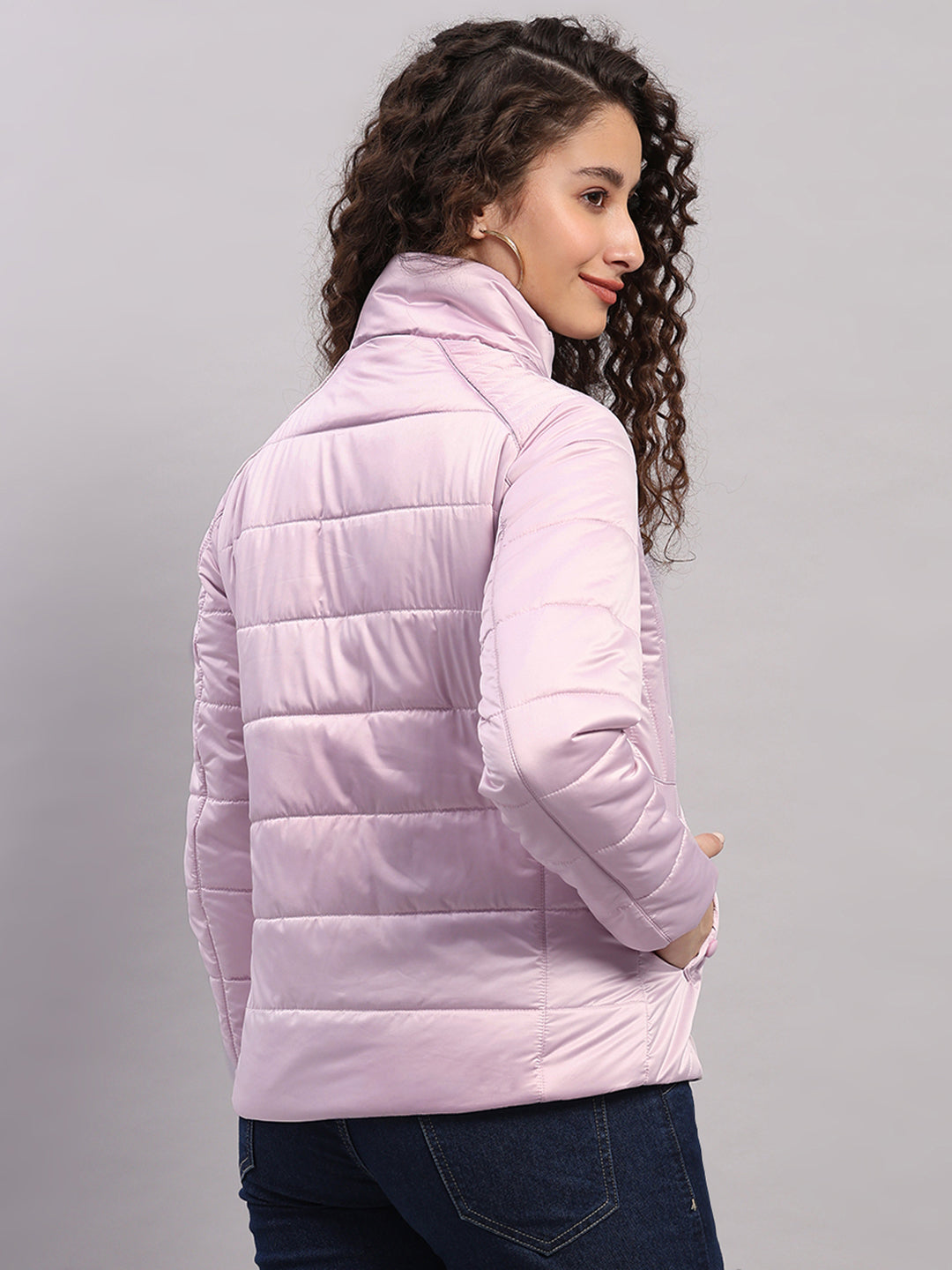 Women Pink Solid Collar Full Sleeve Jacket with Inbuilt Earphones