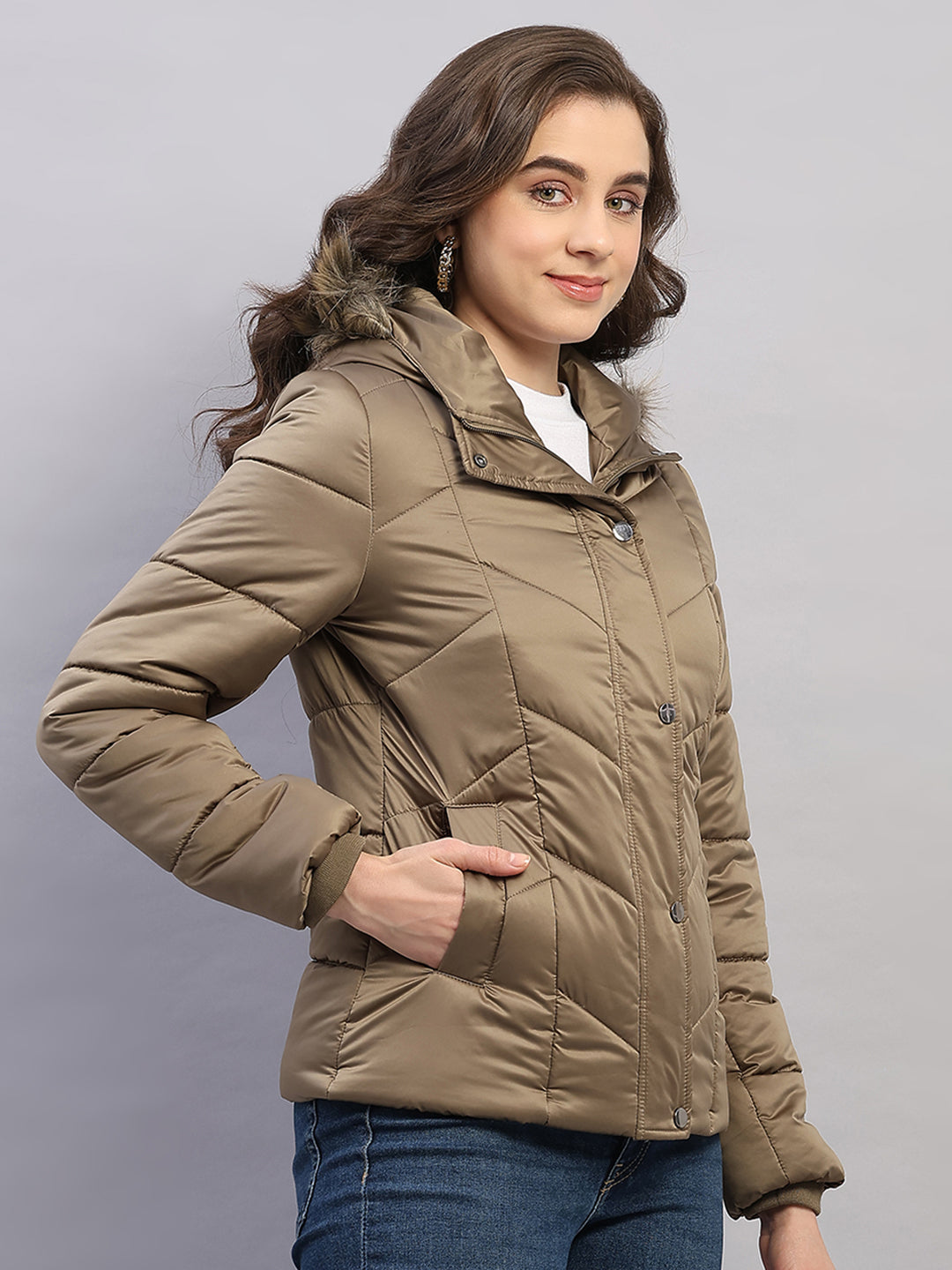 Women Olive Solid Hooded Full Sleeve Jacket