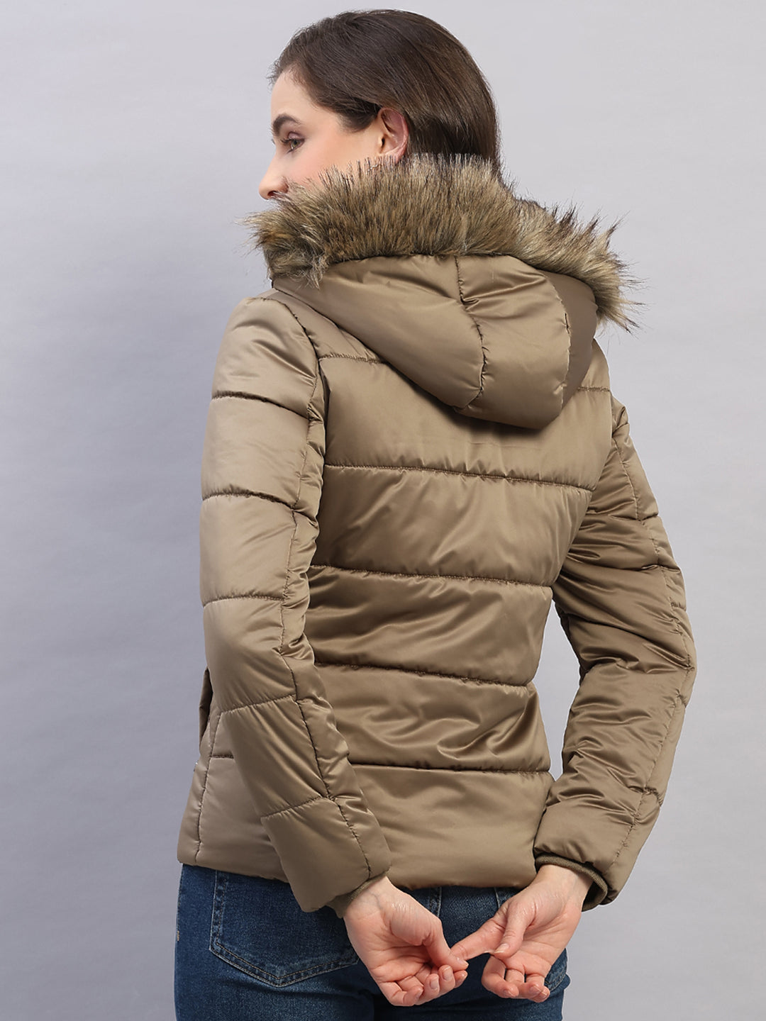 Women Olive Solid Hooded Full Sleeve Jacket