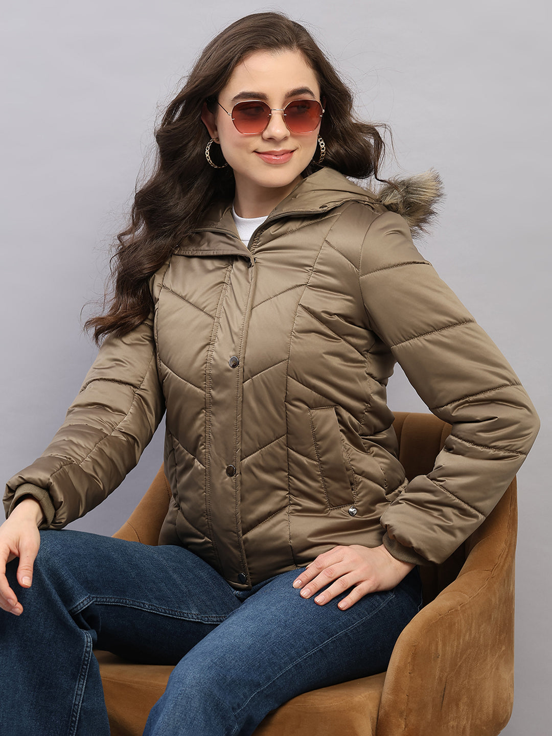 Women Olive Solid Hooded Full Sleeve Jacket
