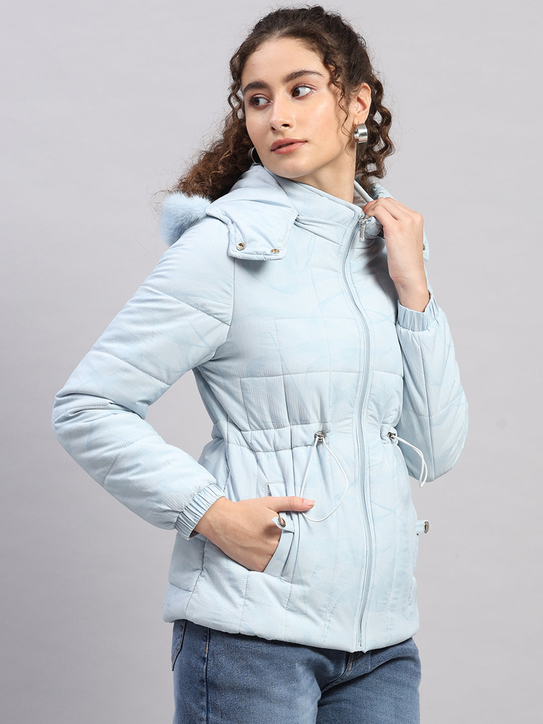 Women Sky Blue Printed Hooded Full Sleeve Jacket (-10° Protection)
