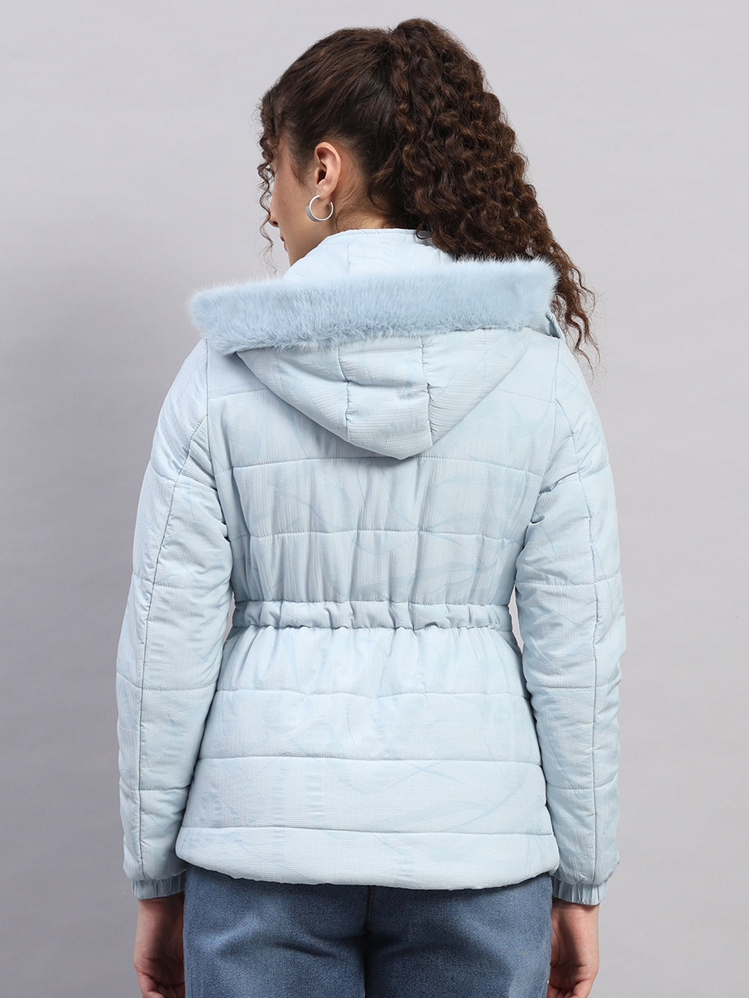 Women Sky Blue Printed Hooded Full Sleeve Jacket (-10° Protection)