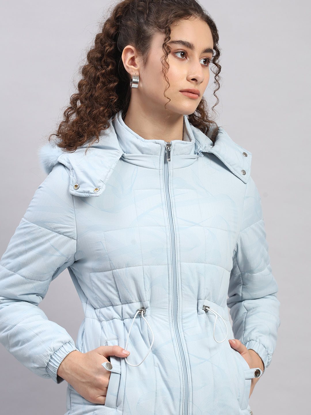 Women Sky Blue Printed Hooded Full Sleeve Jacket (-10° Protection)