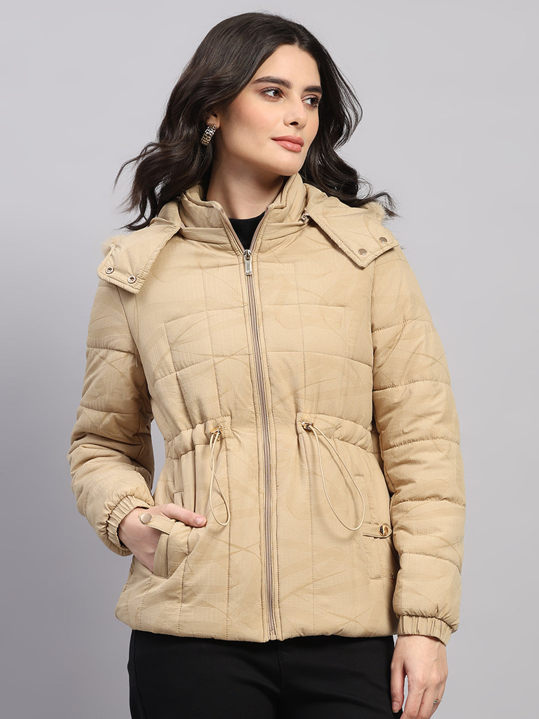 Women Beige Printed Hooded Full Sleeve Jacket (-10° Protection)