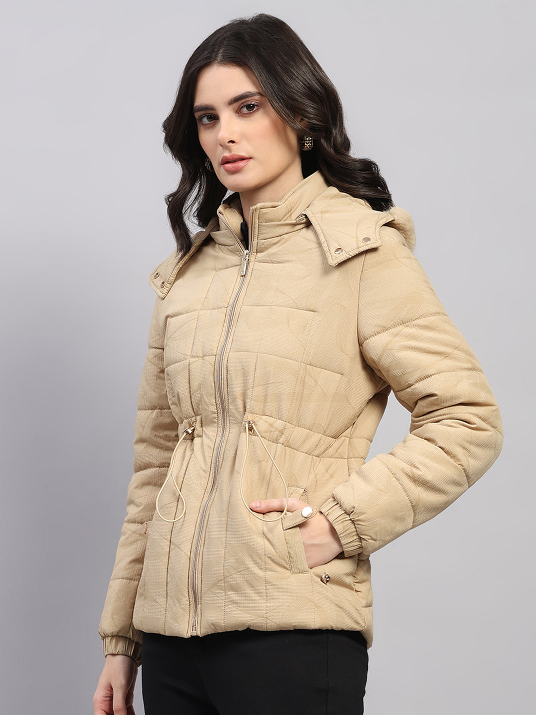 Women Beige Printed Hooded Full Sleeve Jacket (-10° Protection)