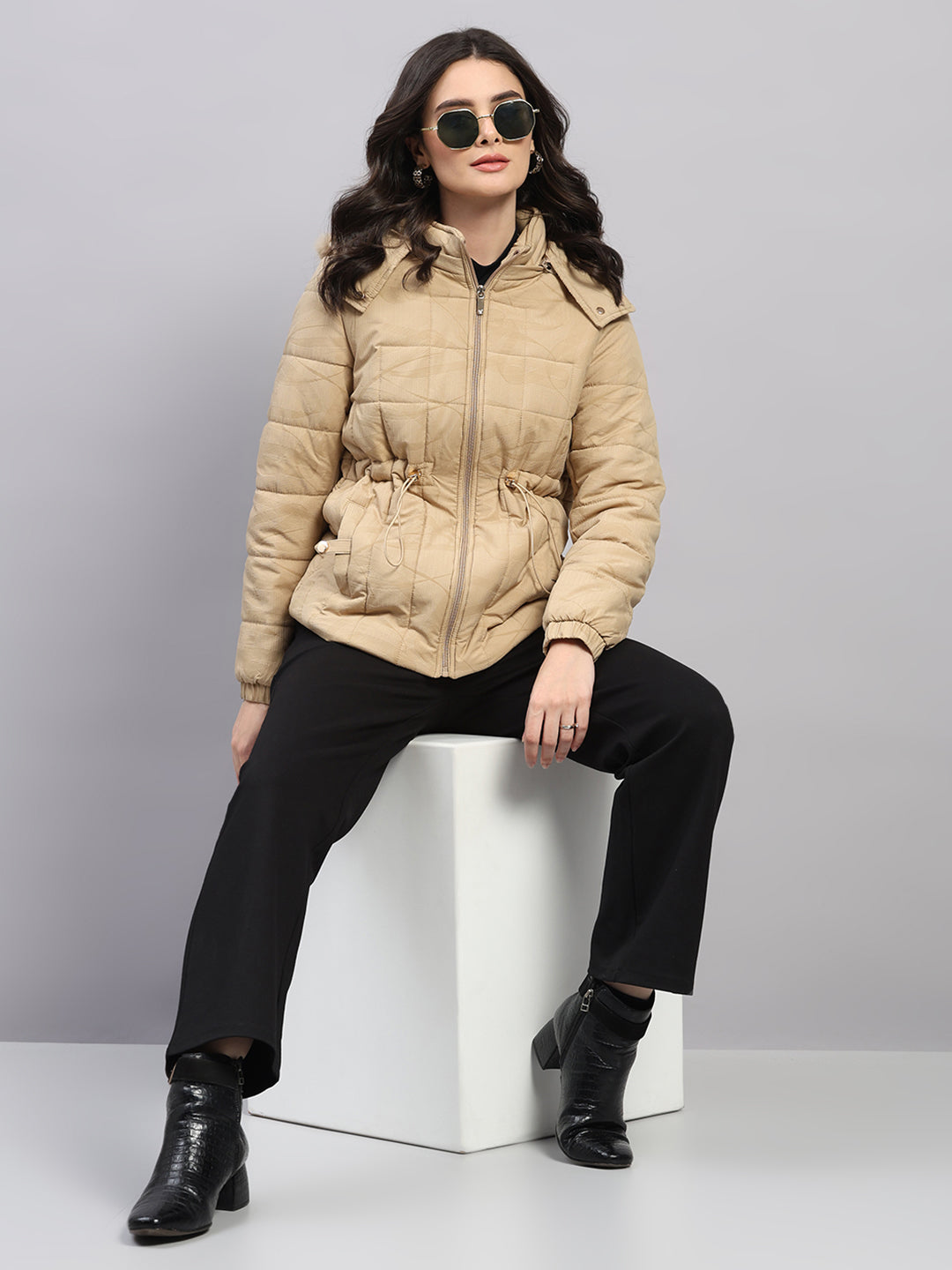 Women Beige Printed Hooded Full Sleeve Jacket (-10° Protection)