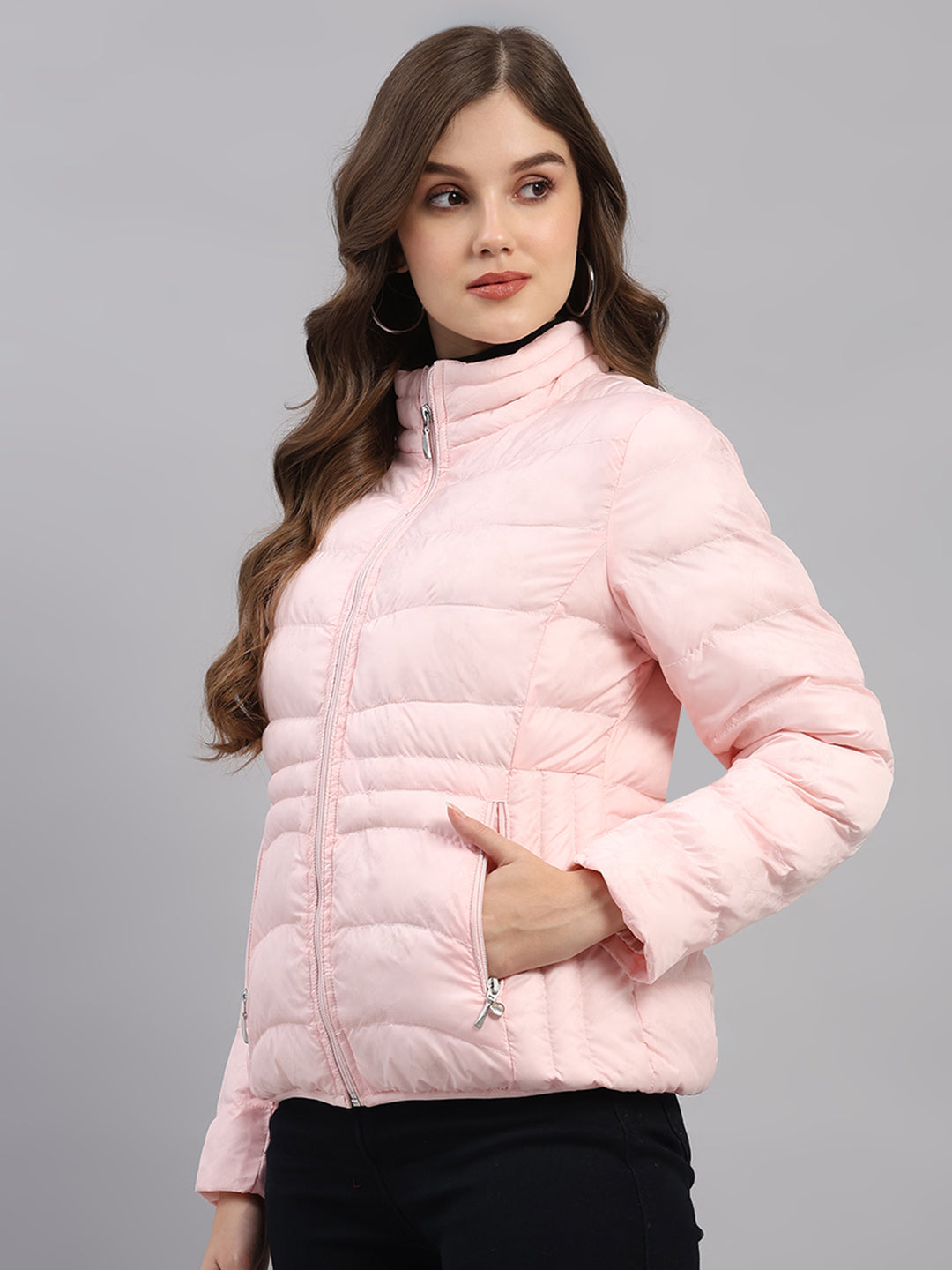 Women Pink Printed Collar Full Sleeve Jacket