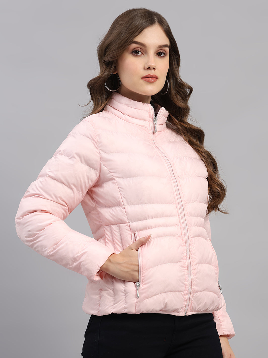 Women Pink Printed Collar Full Sleeve Jacket