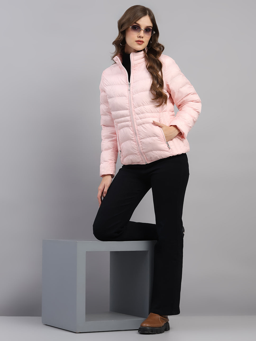 Women Pink Printed Collar Full Sleeve Jacket